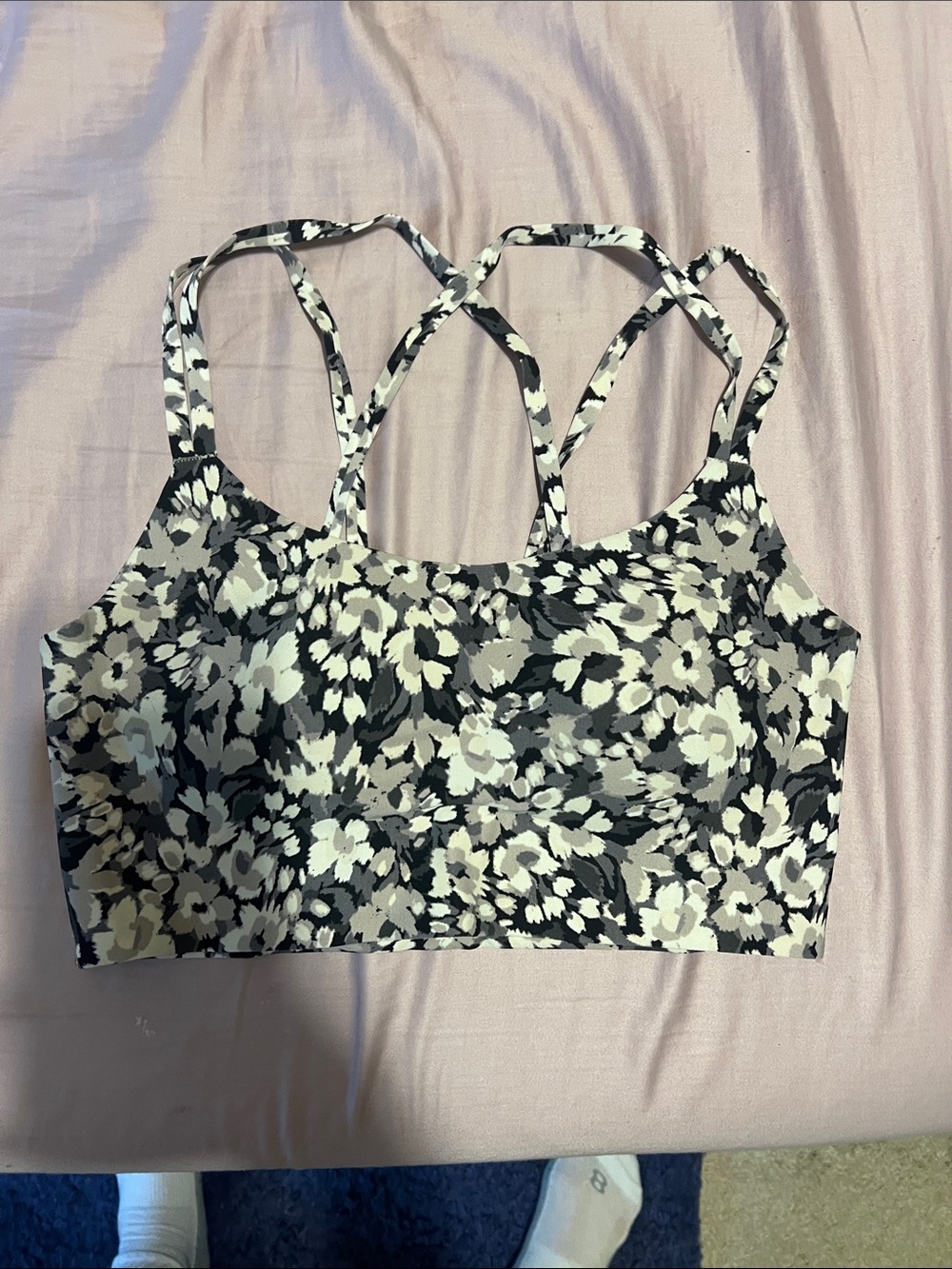 aerie Black & White Floral Strappy Sports Bra